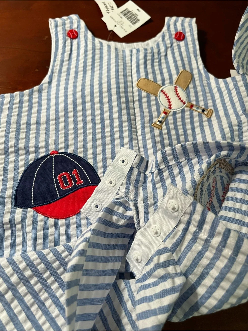 Good Lad Blue & White Striped Baby Sun Hat and Romper Set - Baseball Appliqué